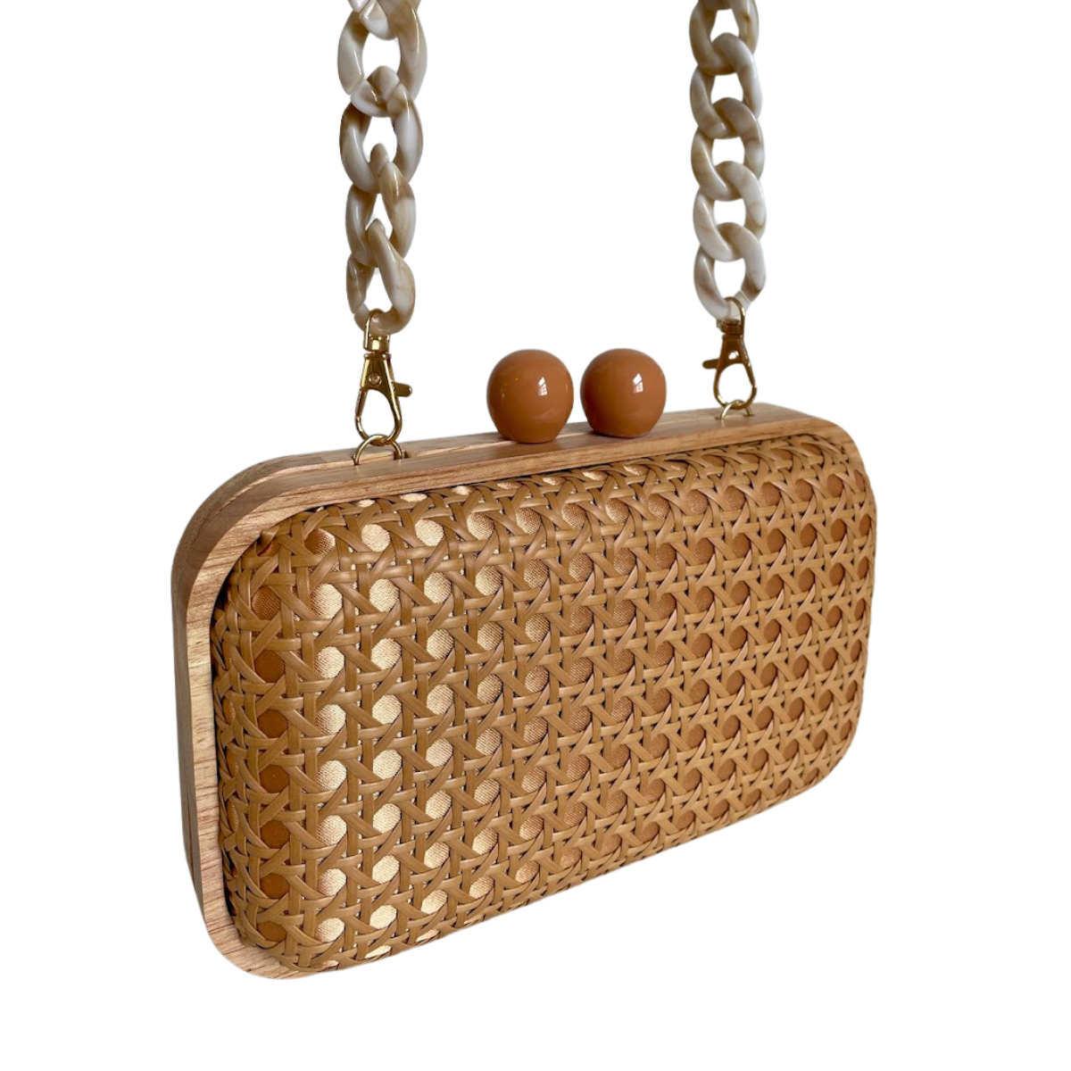 Bolsa de Festa Clutch Madeira e Palha da Índia Caramelo