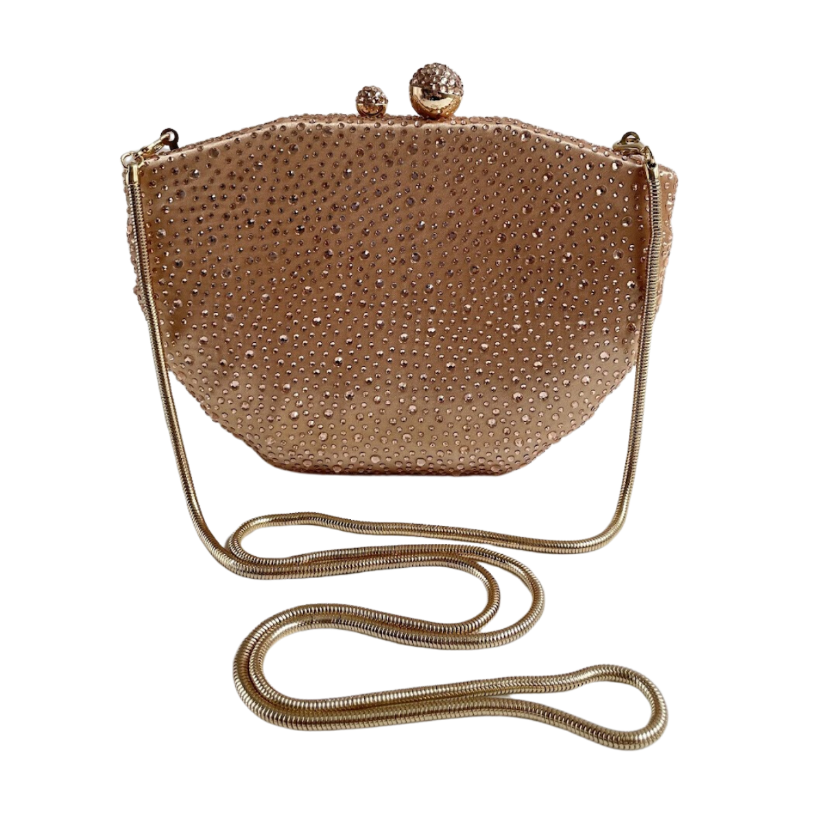 Bolsa de Festa Clutch Concha em Cetim Dourado e Cristais Champagne