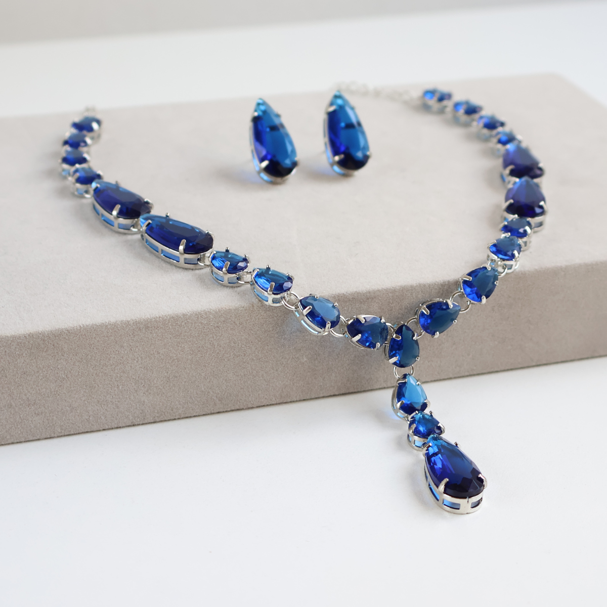 Kit Colar e Brinco - Cristal Azul - Prateado