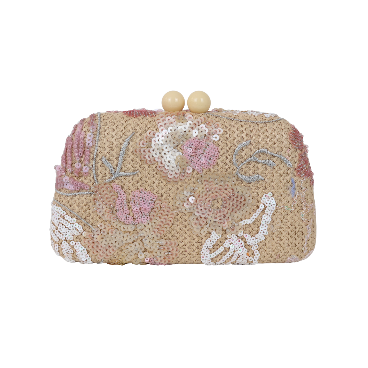 Bolsa Clutch Festa Bordada Flores Bege e Rosa Bebê