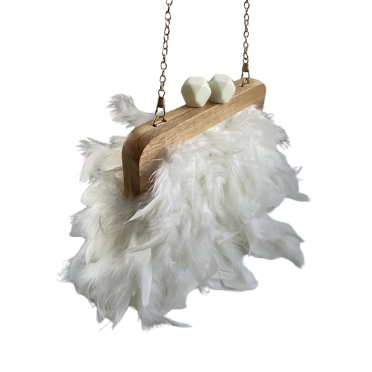 Bolsa de Festa Clutch Madeira e Plumas Sintéticas Branca