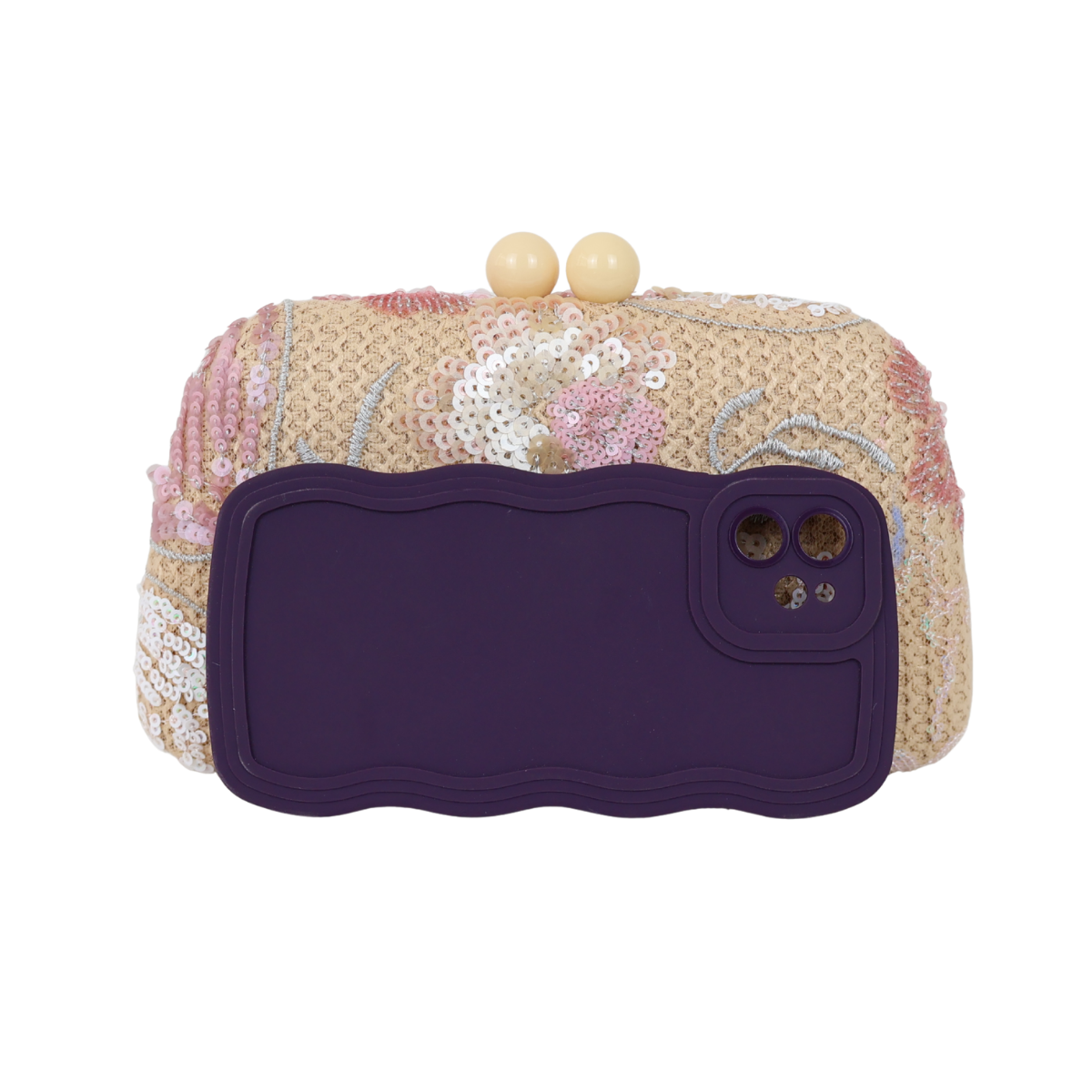 Bolsa Clutch Festa Bordada Flores Bege e Rosa Bebê