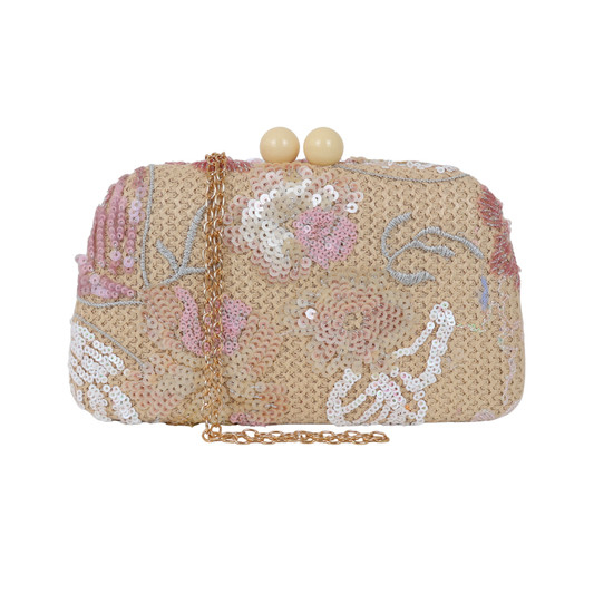 Bolsa Clutch Festa Bordada Flores Bege e Rosa Bebê