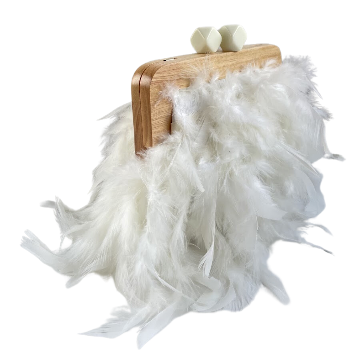 Bolsa de Festa Clutch Madeira e Plumas Sintéticas Branca