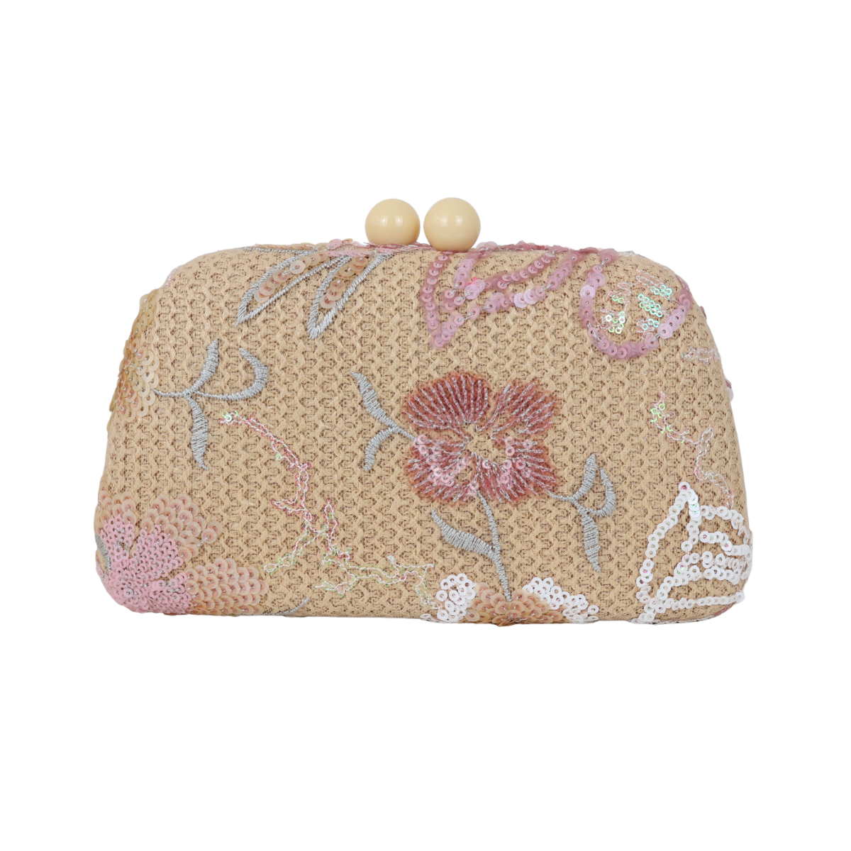 Bolsa Clutch Festa Bordada Flores Bege e Rosa Bebê