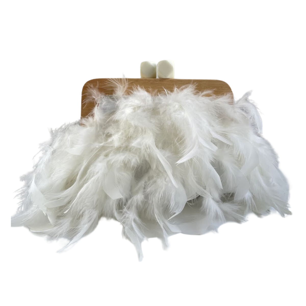 Bolsa de Festa Clutch Madeira e Plumas Sintéticas Branca
