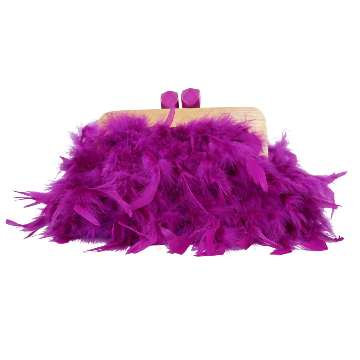 Bolsa de Festa Clutch Madeira e Plumas Sintéticas Roxa
