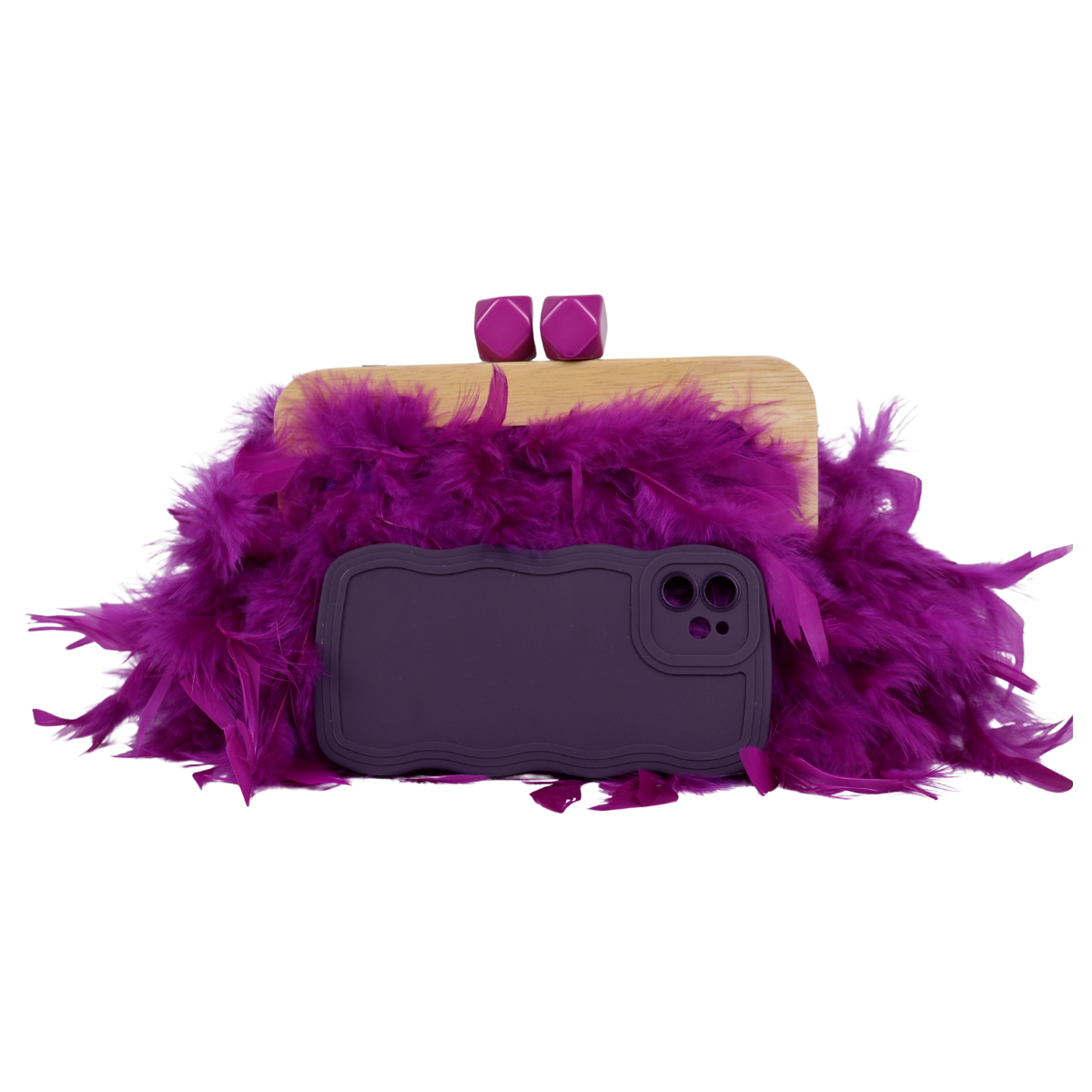 Bolsa de Festa Clutch Madeira e Plumas Sintéticas Roxa