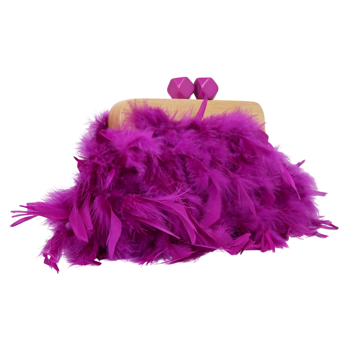 Bolsa de Festa Clutch Madeira e Plumas Sintéticas Roxa