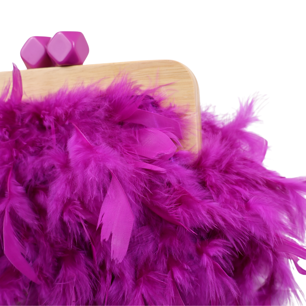 Bolsa de Festa Clutch Madeira e Plumas Sintéticas Roxa