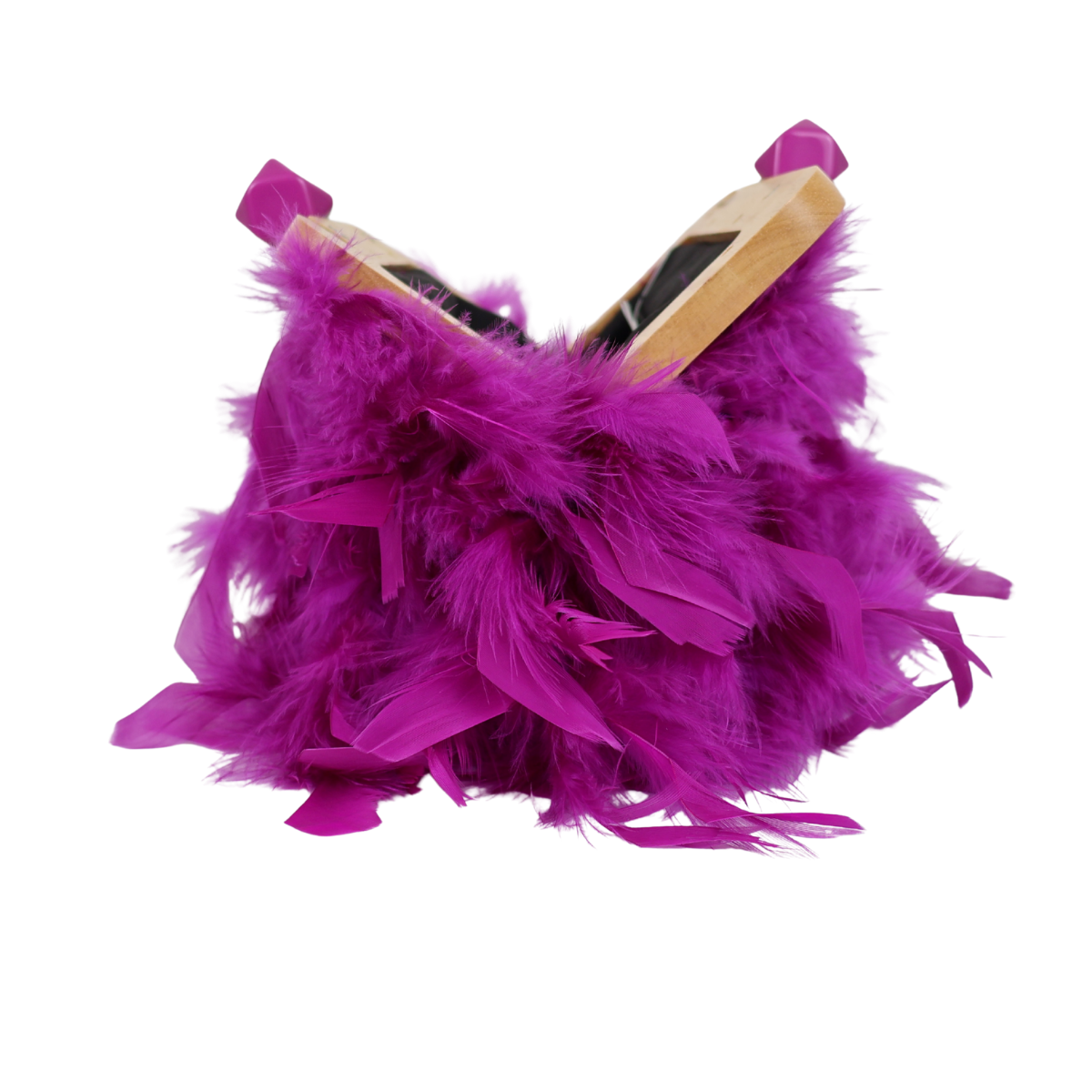 Bolsa de Festa Clutch Madeira e Plumas Sintéticas Roxa