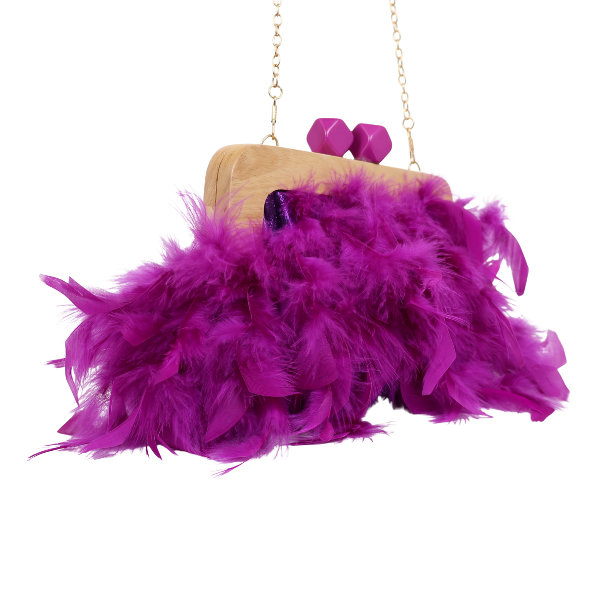 Bolsa de Festa Clutch Madeira e Plumas Sintéticas Roxa