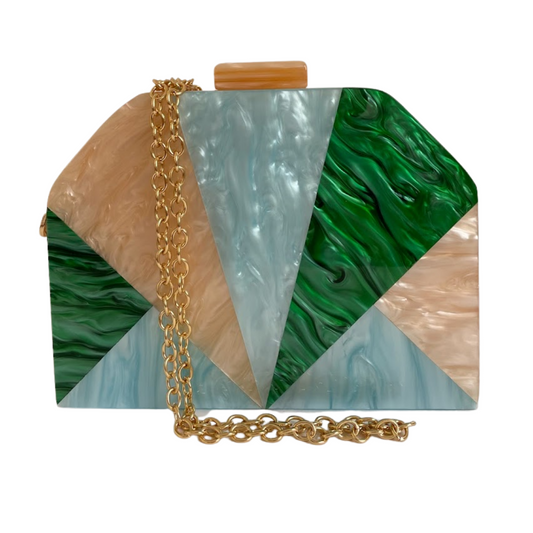 Bolsa de Festa Clutch Acrílico Trapezoidal Bege, Azul e Verde