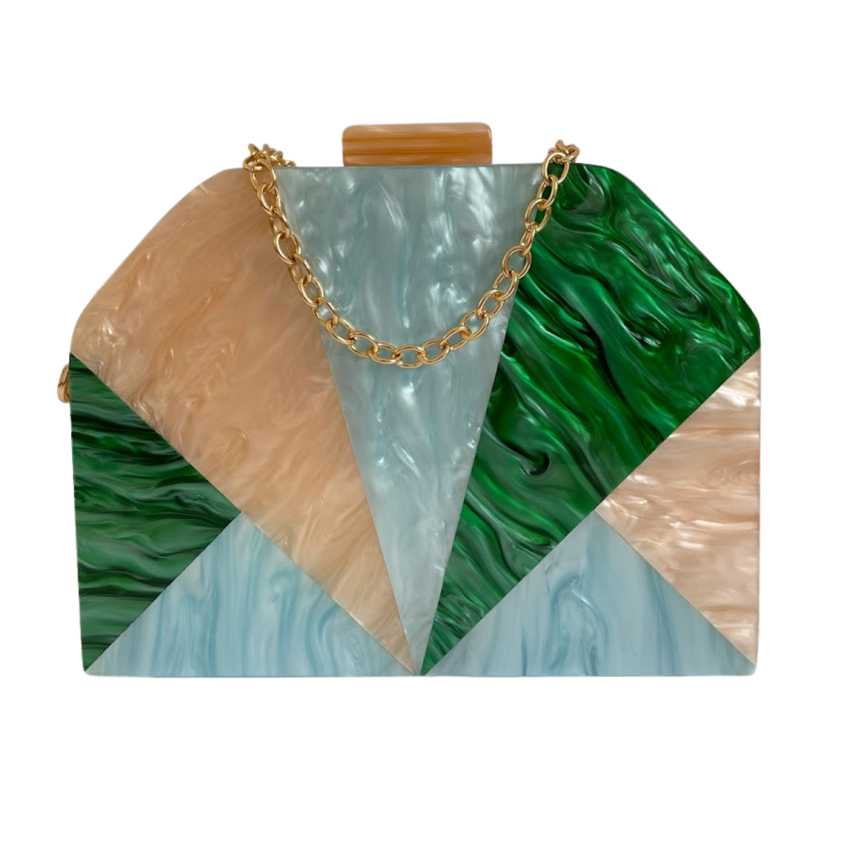 Bolsa de Festa Clutch Acrílico Trapezoidal Bege, Azul e Verde