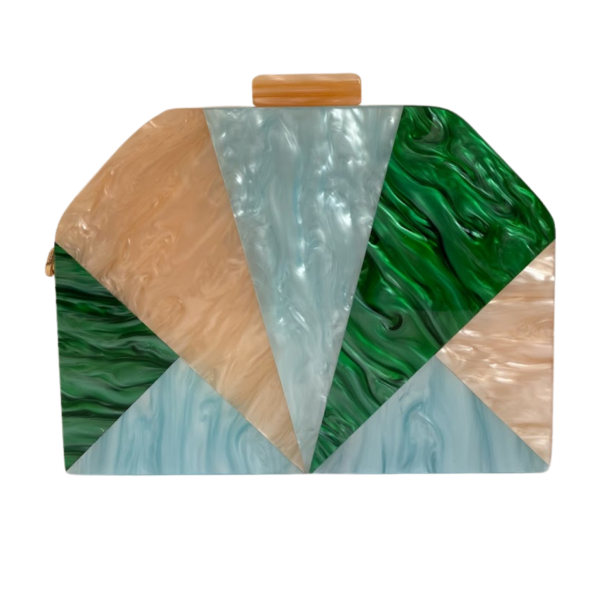 Bolsa de Festa Clutch Acrílico Trapezoidal Bege, Azul e Verde