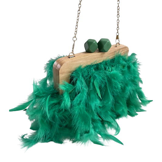 Bolsa de Festa Clutch Madeira e Plumas Sintéticas Verde
