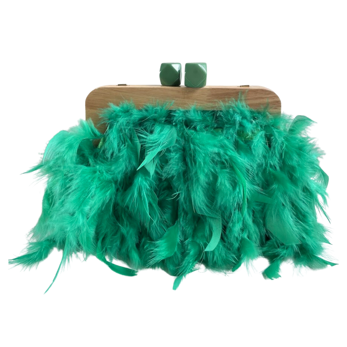 Bolsa de Festa Clutch Madeira e Plumas Sintéticas Verde