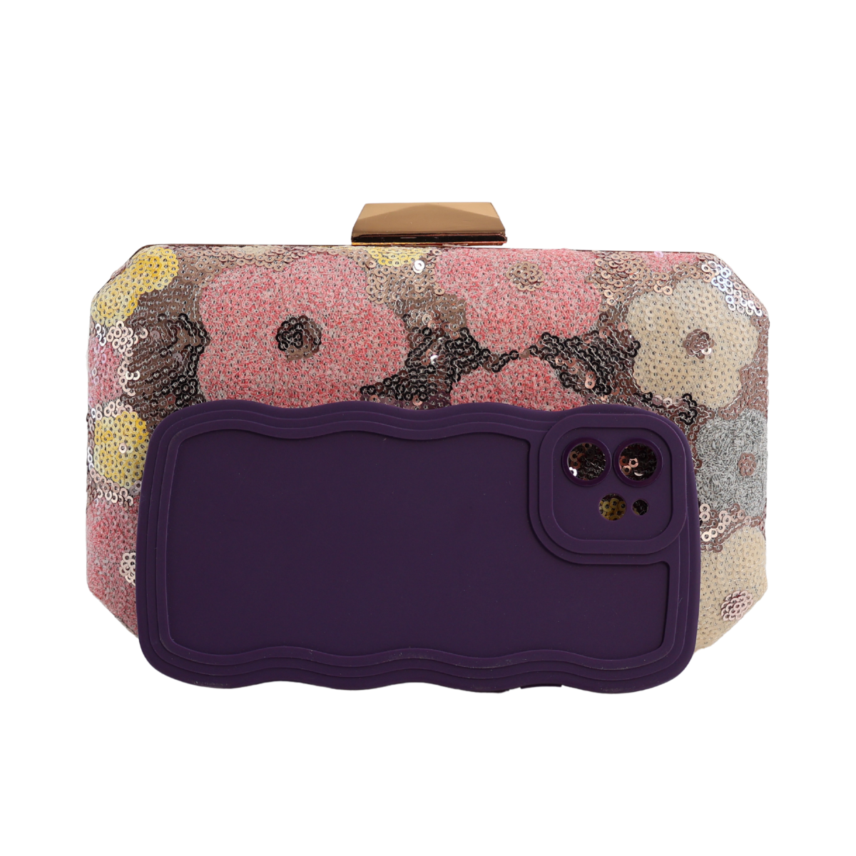 Bolsa Clutch Festa Lantejoulas Bordadas Flores Rosa Claro