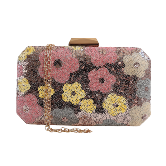 Bolsa Clutch Festa Lantejoulas Bordadas Flores Rosa Claro