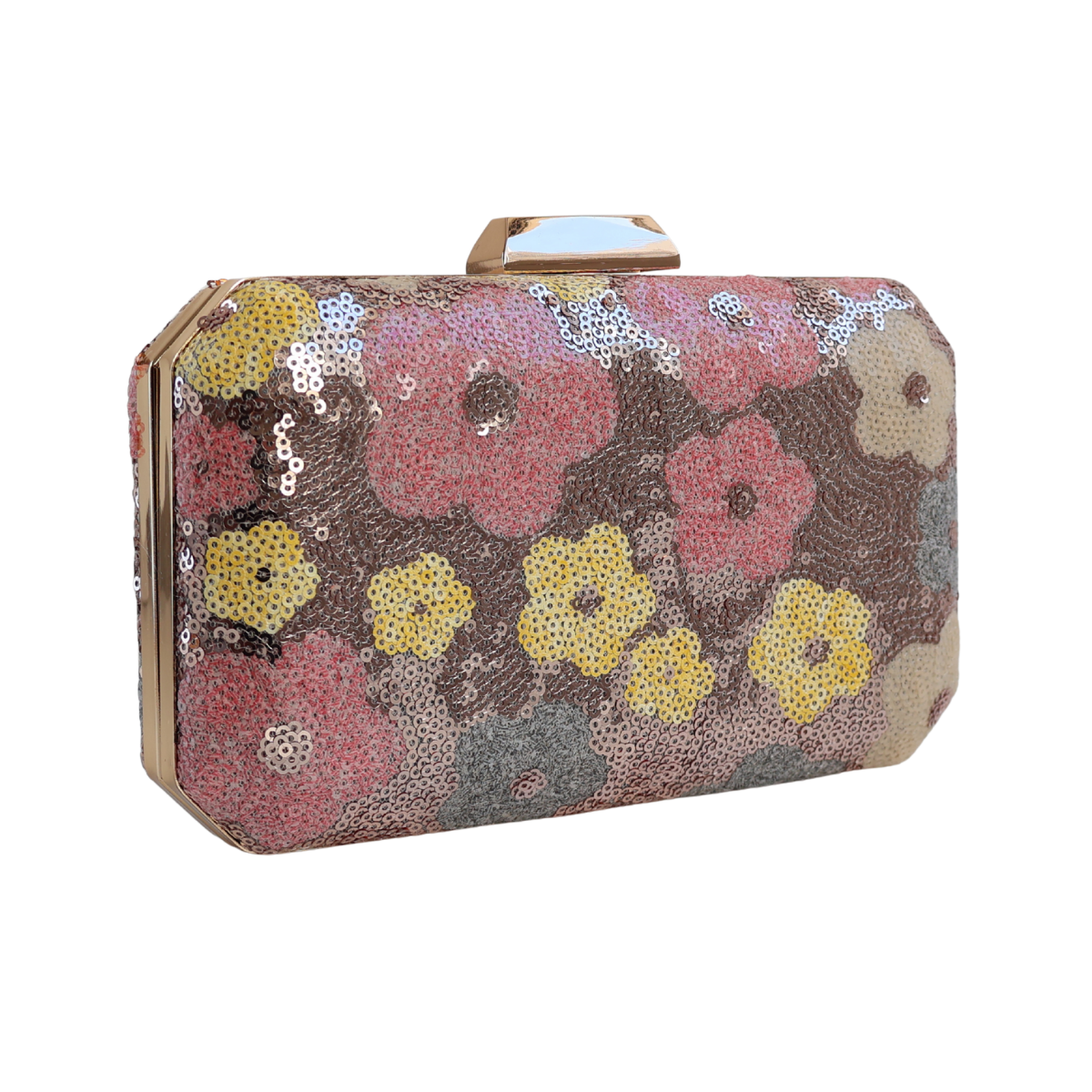Bolsa Clutch Festa Lantejoulas Bordadas Flores Rosa Claro