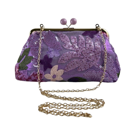 Bolsa Pouch Festa Clutch Flores Bordadas Roxa