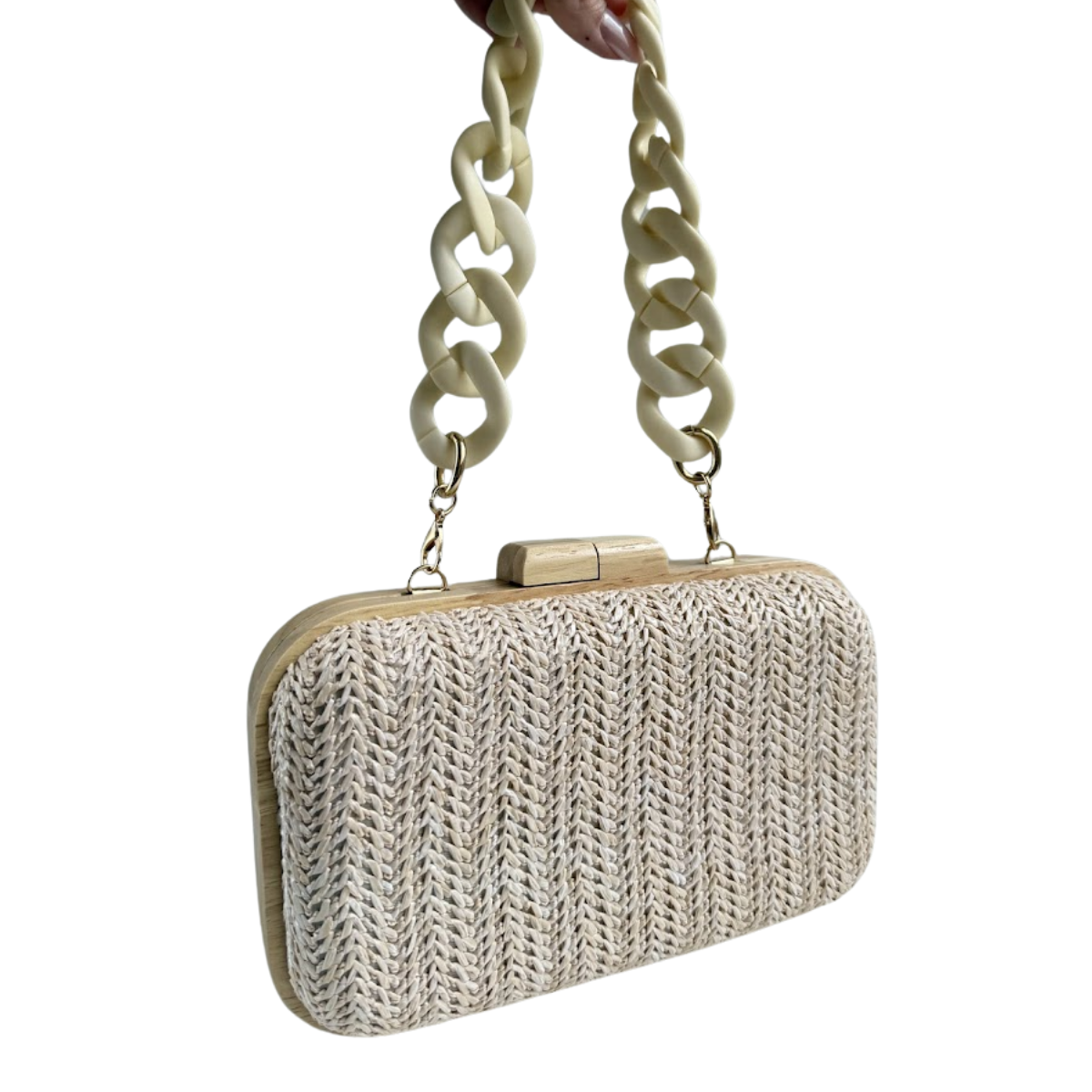 Bolsa de Festa Clutch Madeira e Palha Bege Claro
