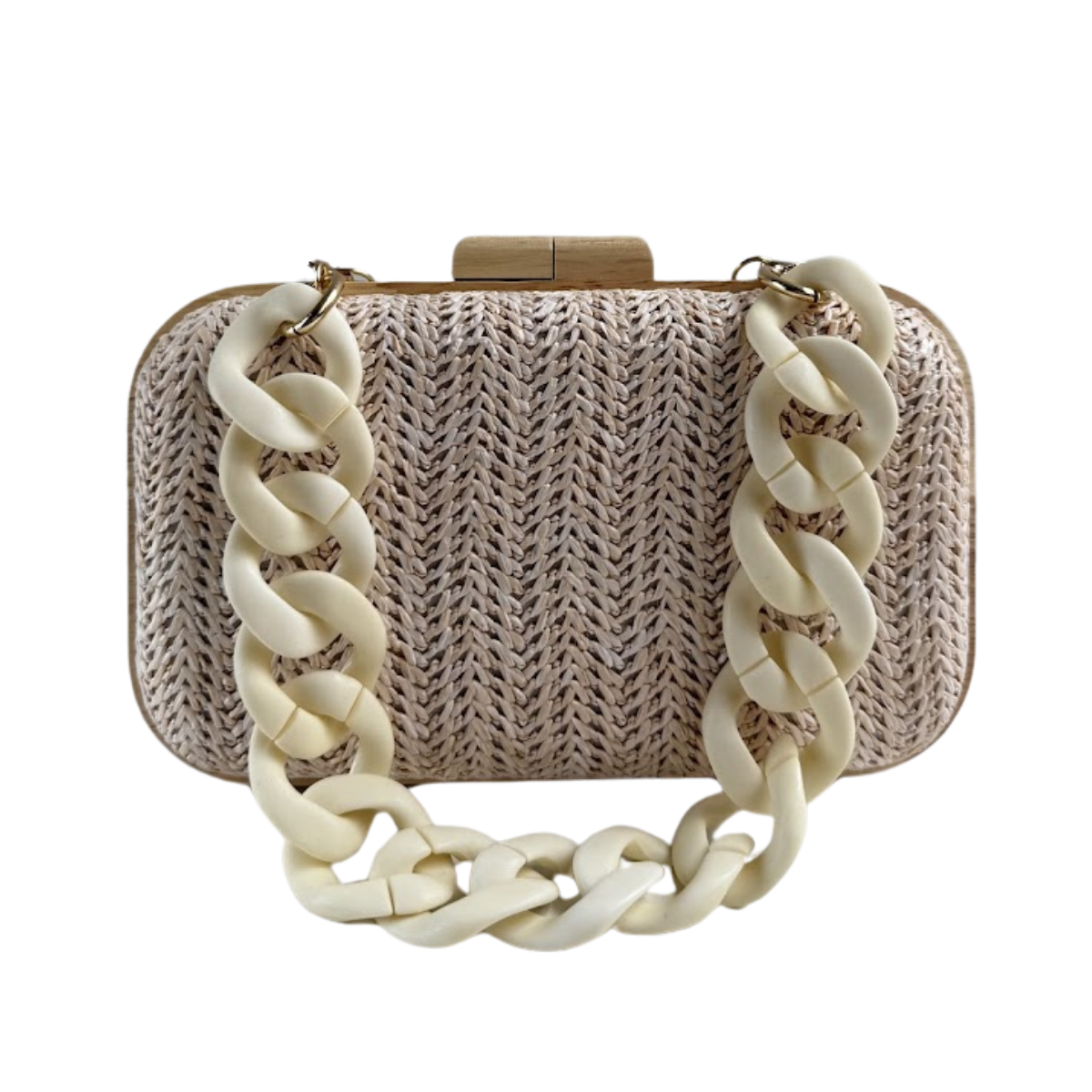 Bolsa de Festa Clutch Madeira e Palha Bege Claro