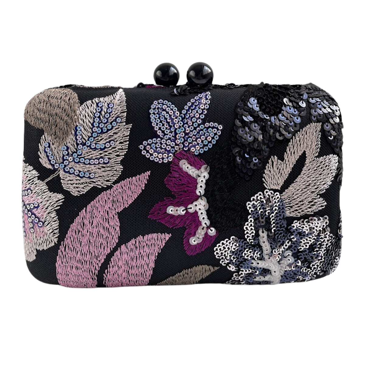 Bolsa Clutch Festa Bordada Flores Preto e Rosa