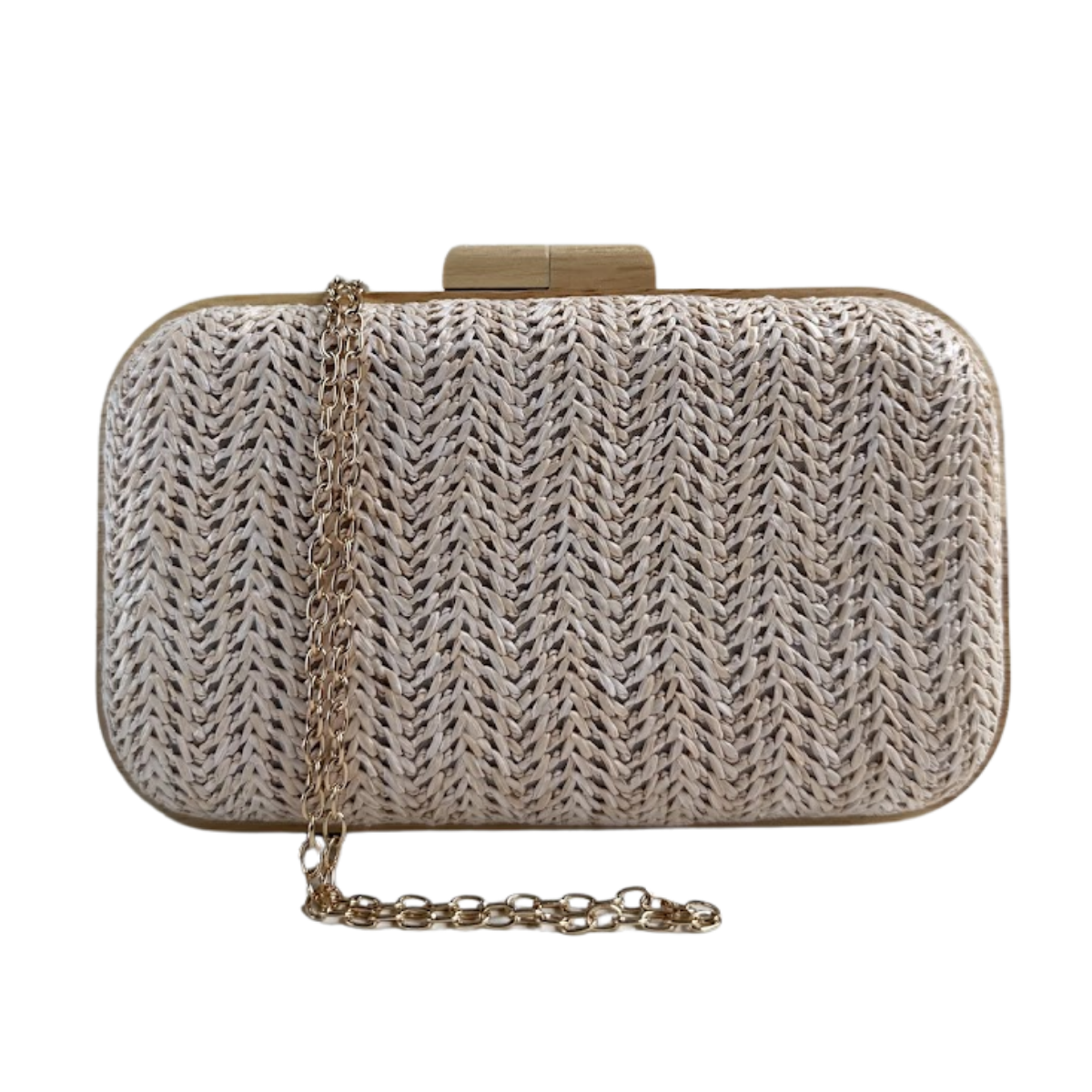 Bolsa de Festa Clutch Madeira e Palha Bege Claro