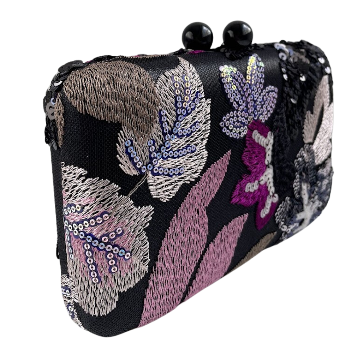 Bolsa Clutch Festa Bordada Flores Preto e Rosa