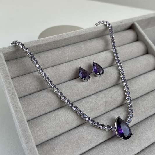 Kit Brinco e Colar - Prateado e Cristal Roxo - Semijoia