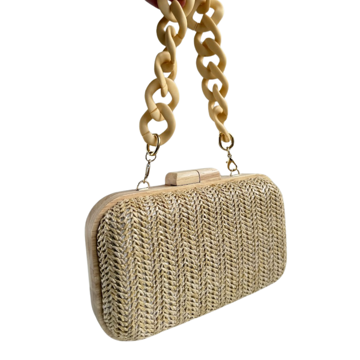 Bolsa de Festa Clutch Madeira e Palha Bege