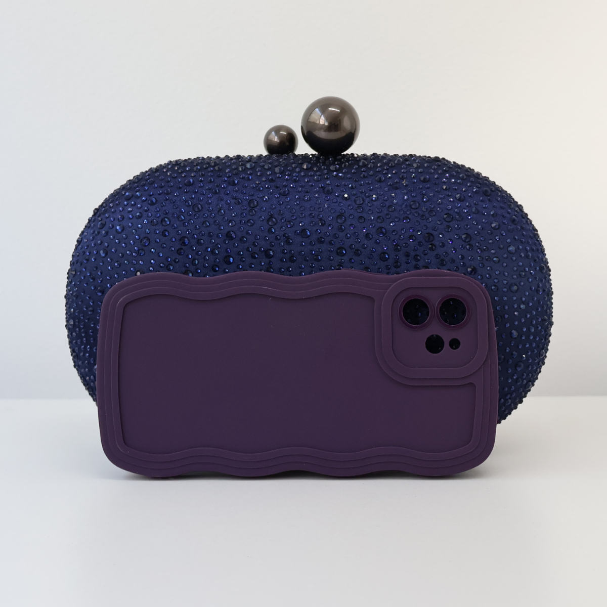 Bolsa Festa Clutch Pedraria Strass Oval Azul Marinho