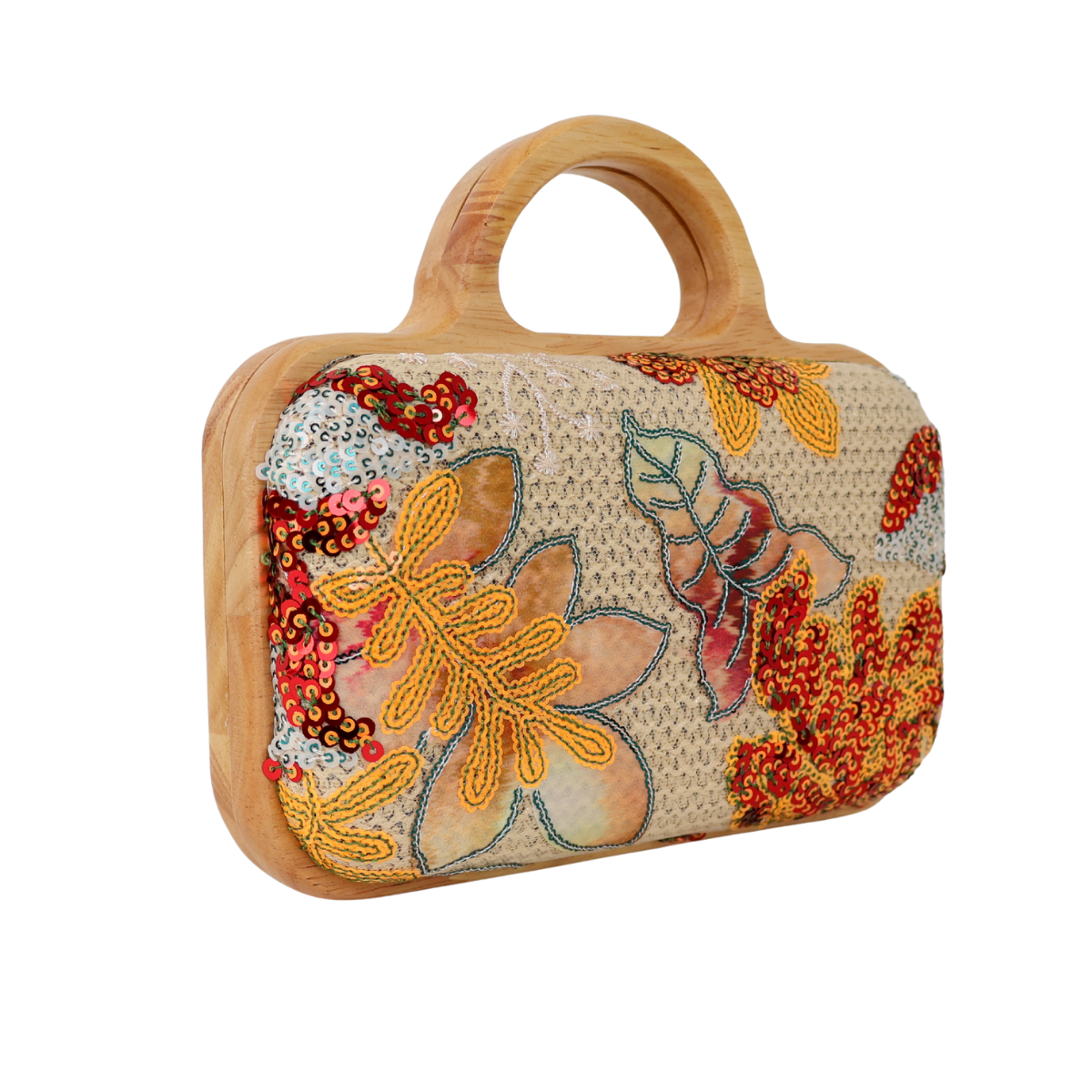 Bolsa de Mão Festa Palha Madeira Bordada Laranja