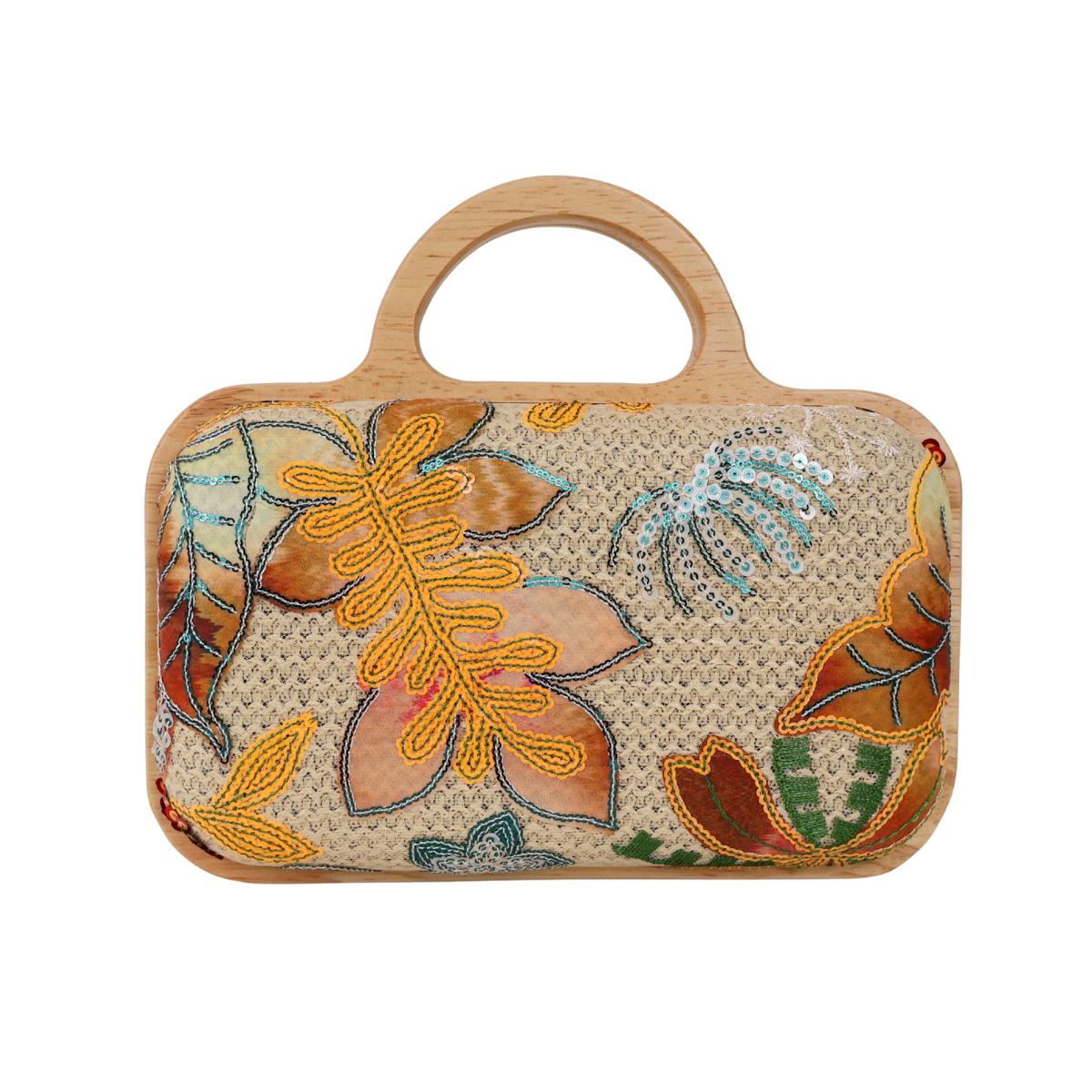 Bolsa de Mão Festa Palha Madeira Bordada Laranja