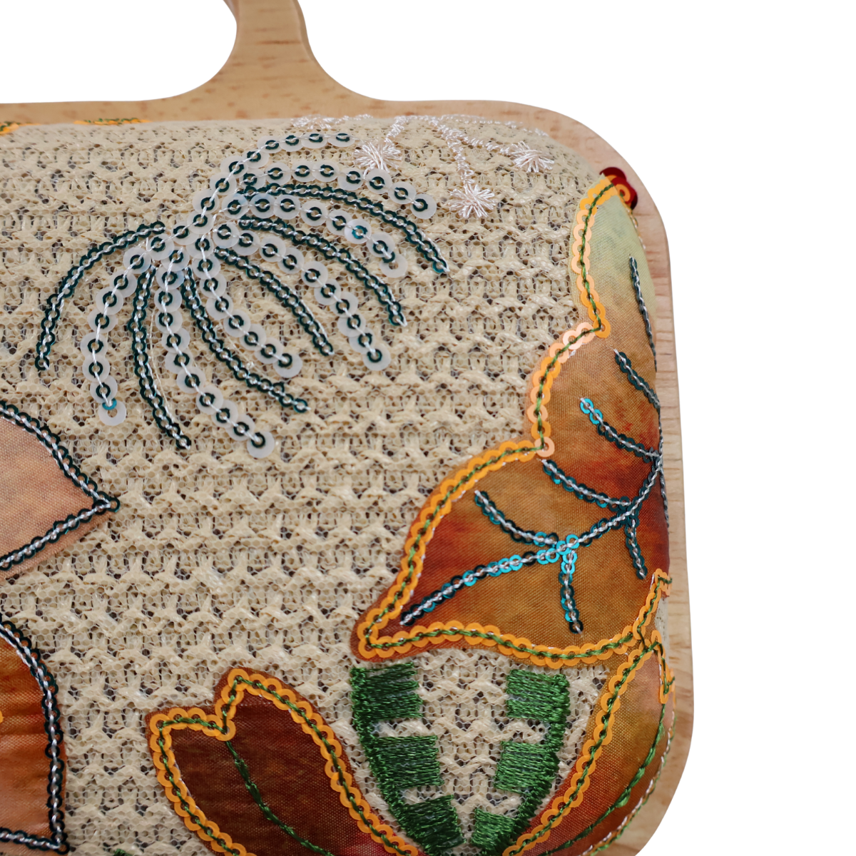 Bolsa de Mão Festa Palha Madeira Bordada Laranja