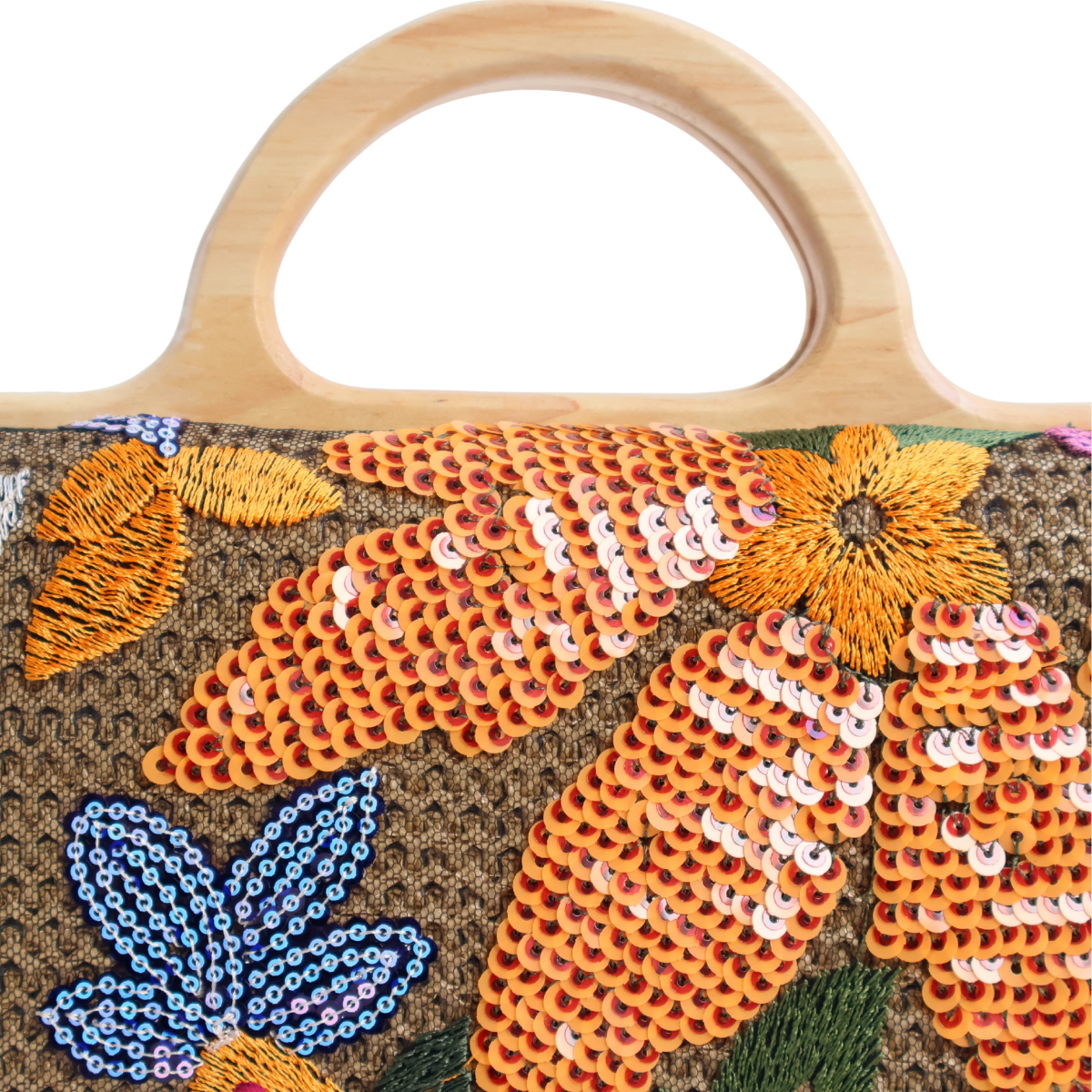 Bolsa de Mão Festa Palha Madeira Bordada Laranja