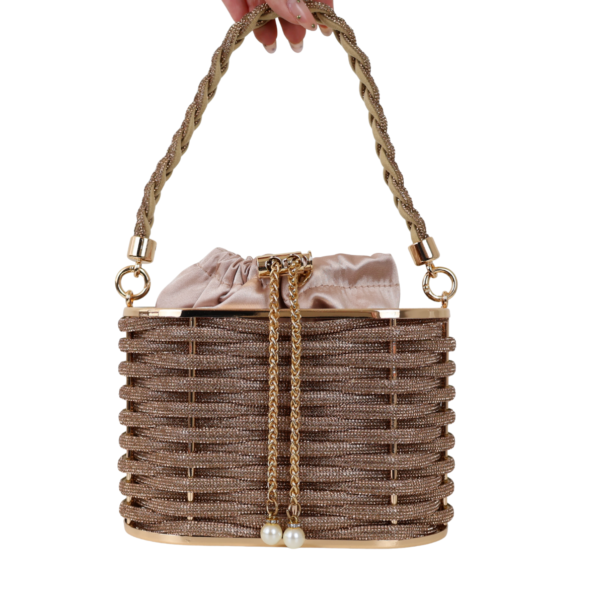 Bolsa de Mão Cesto em Pedraria Champagne