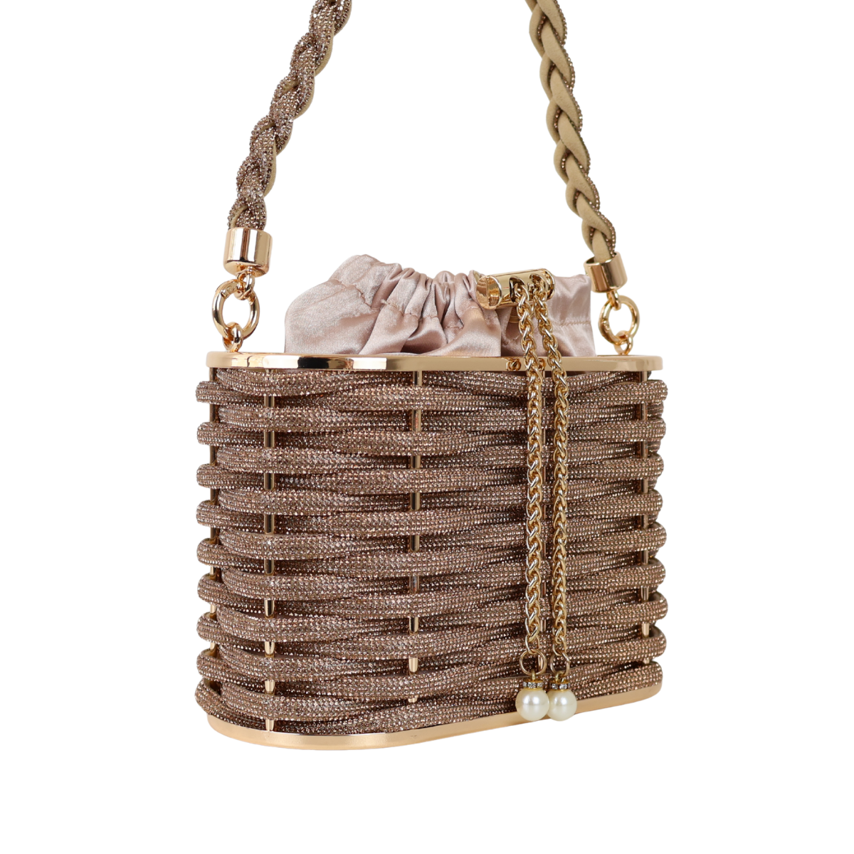 Bolsa de Mão Cesto em Pedraria Champagne