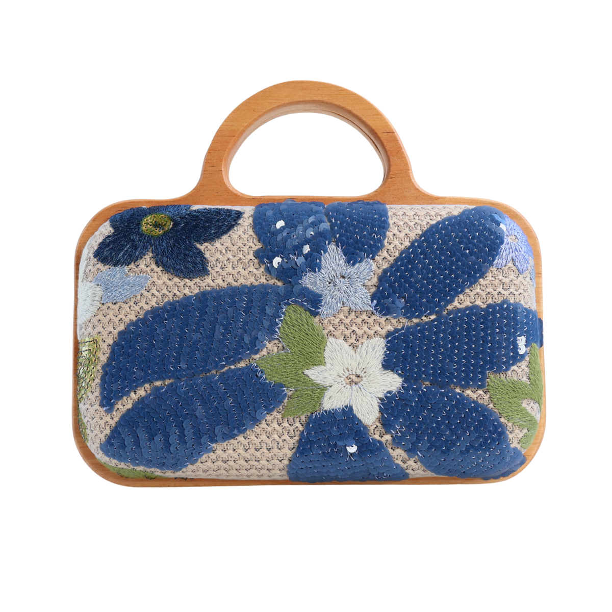Bolsa de Mão Festa Palha Madeira Bordada Azul