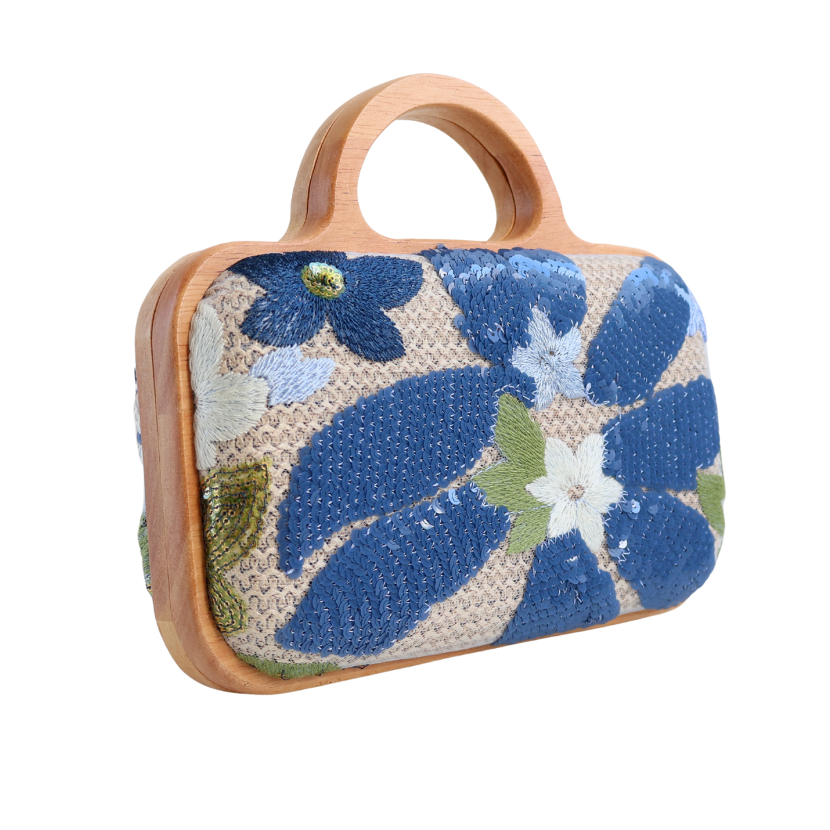 Bolsa de Mão Festa Palha Madeira Bordada Azul