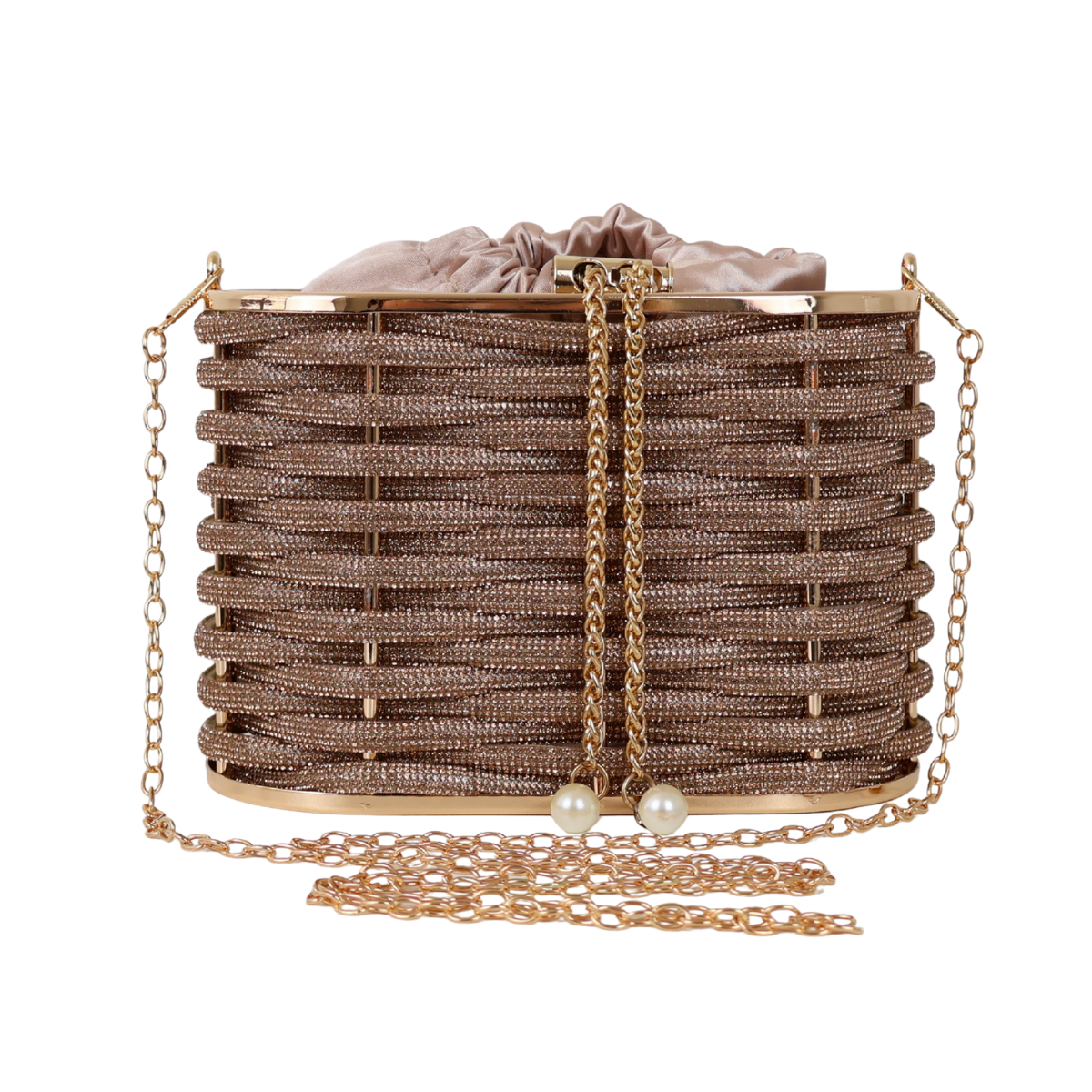 Bolsa de Mão Cesto em Pedraria Champagne