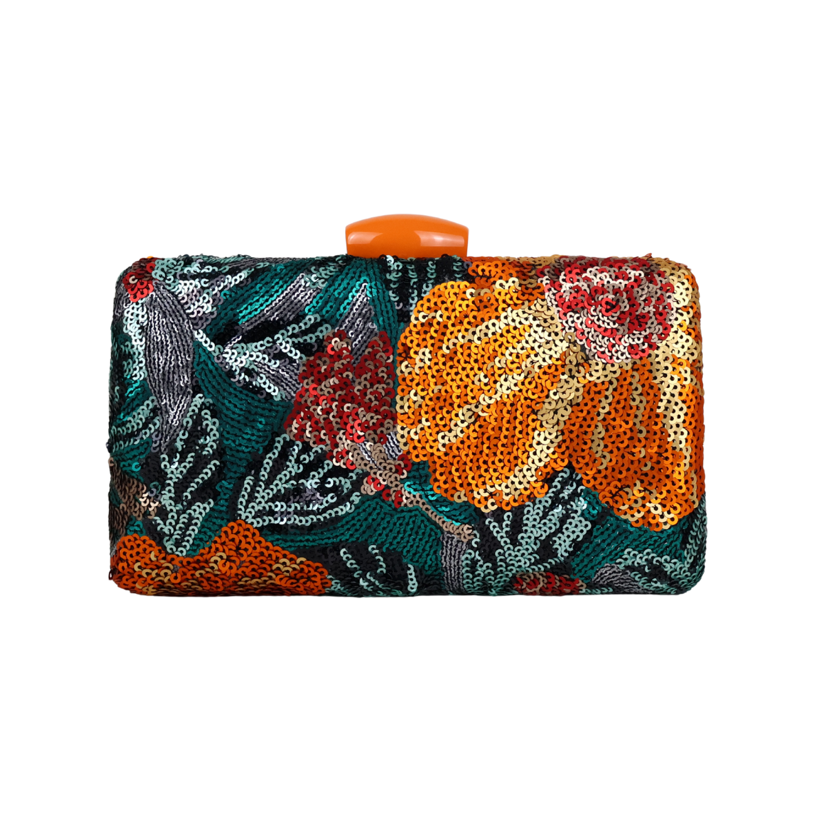 Bolsa Clutch Festa Lantejoulas Bordadas Flores Laranja e Verde