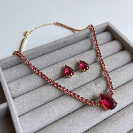 Kit Brinco e Colar - Dourado e Cristal Marsala - Semijoia