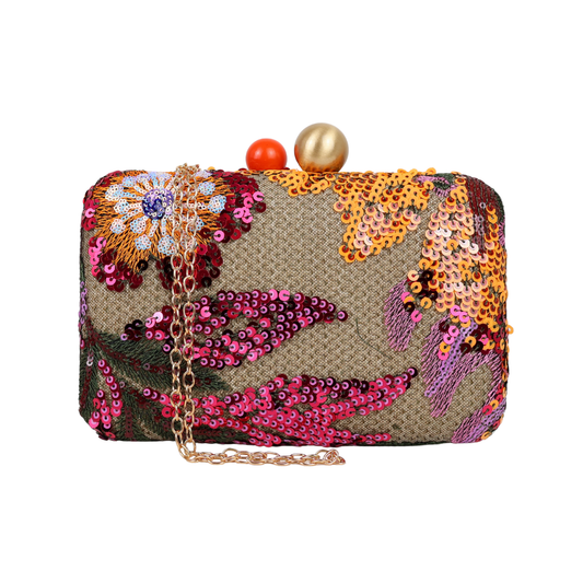 Bolsa Clutch Festa Bordada Flores Laranja e Marsala