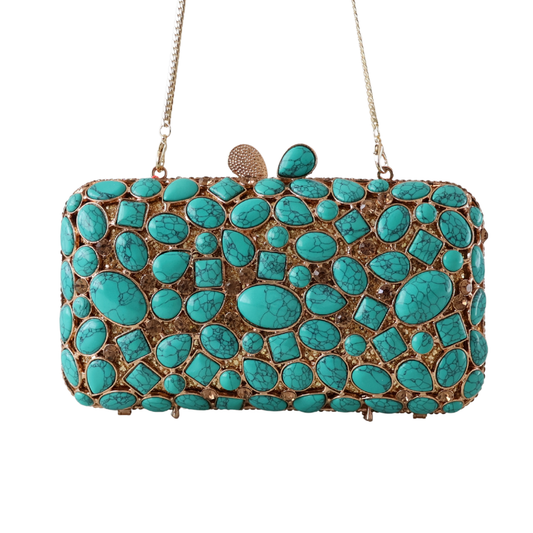 Bolsa Festa Clutch Pedraria e Perolada Turquesa