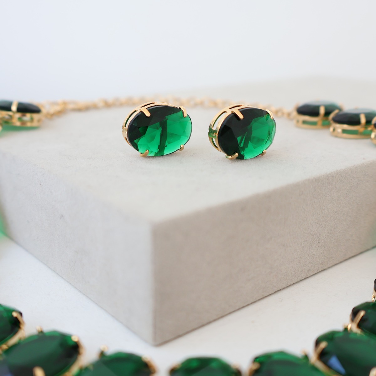 Kit Colar e Brinco - Cristal Verde Esmeralda - Dourado