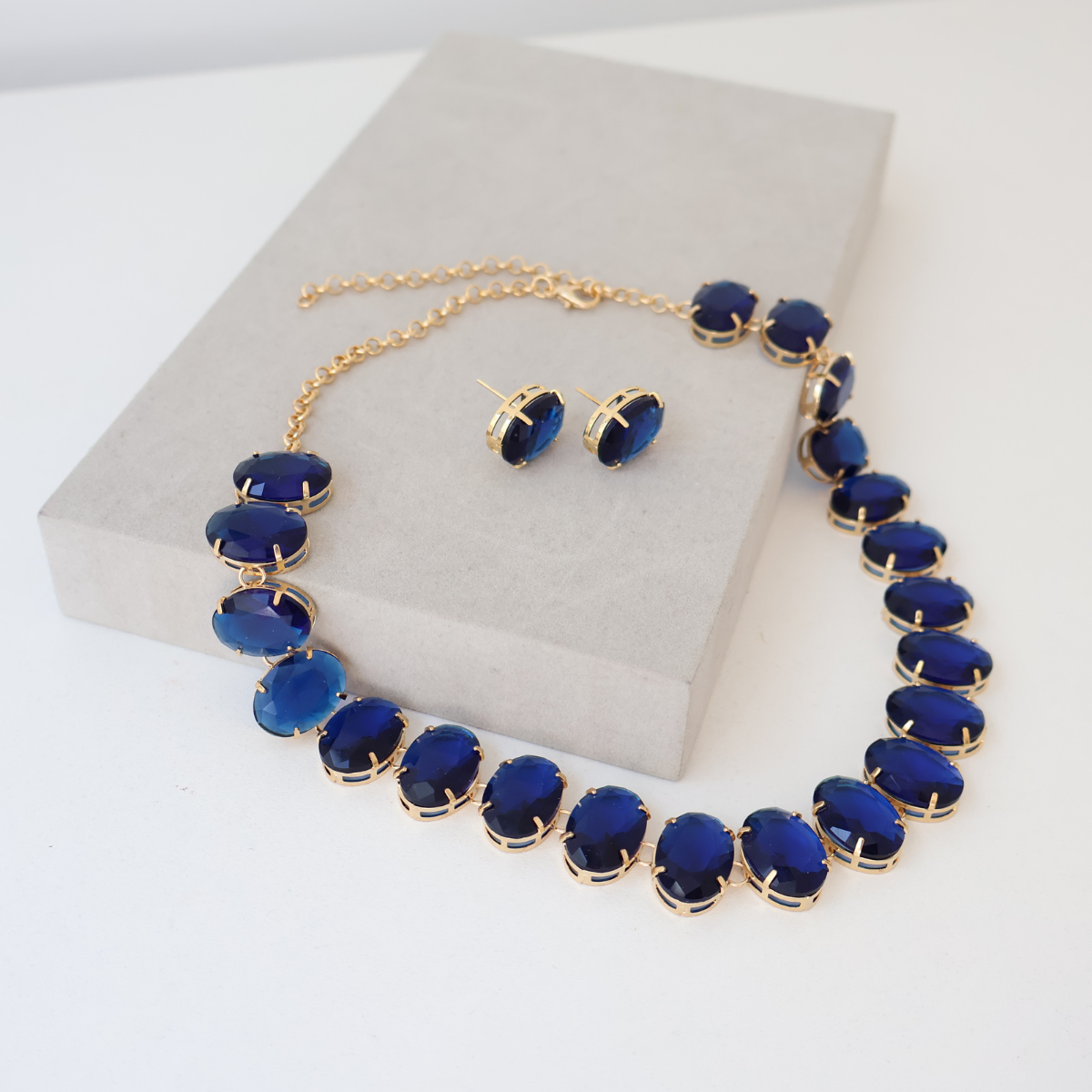 Kit Colar e Brinco - Cristal Azul - Dourado