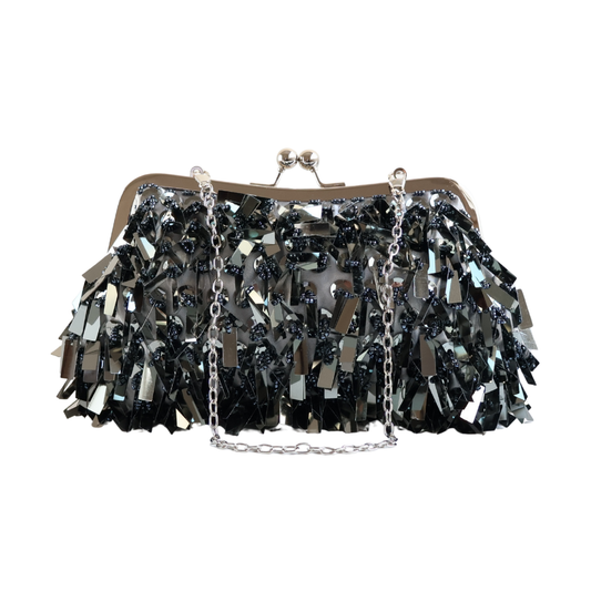 Bolsa de Festa Clutch Lantejoula Folha Brilhante Cinza Grafite
