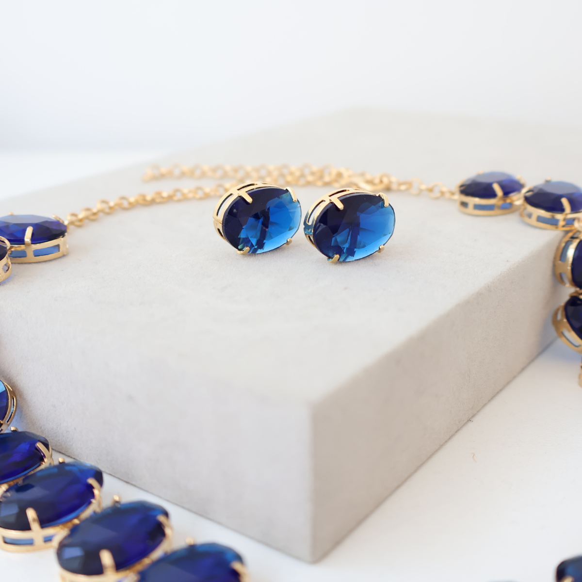Kit Colar e Brinco - Cristal Azul - Dourado